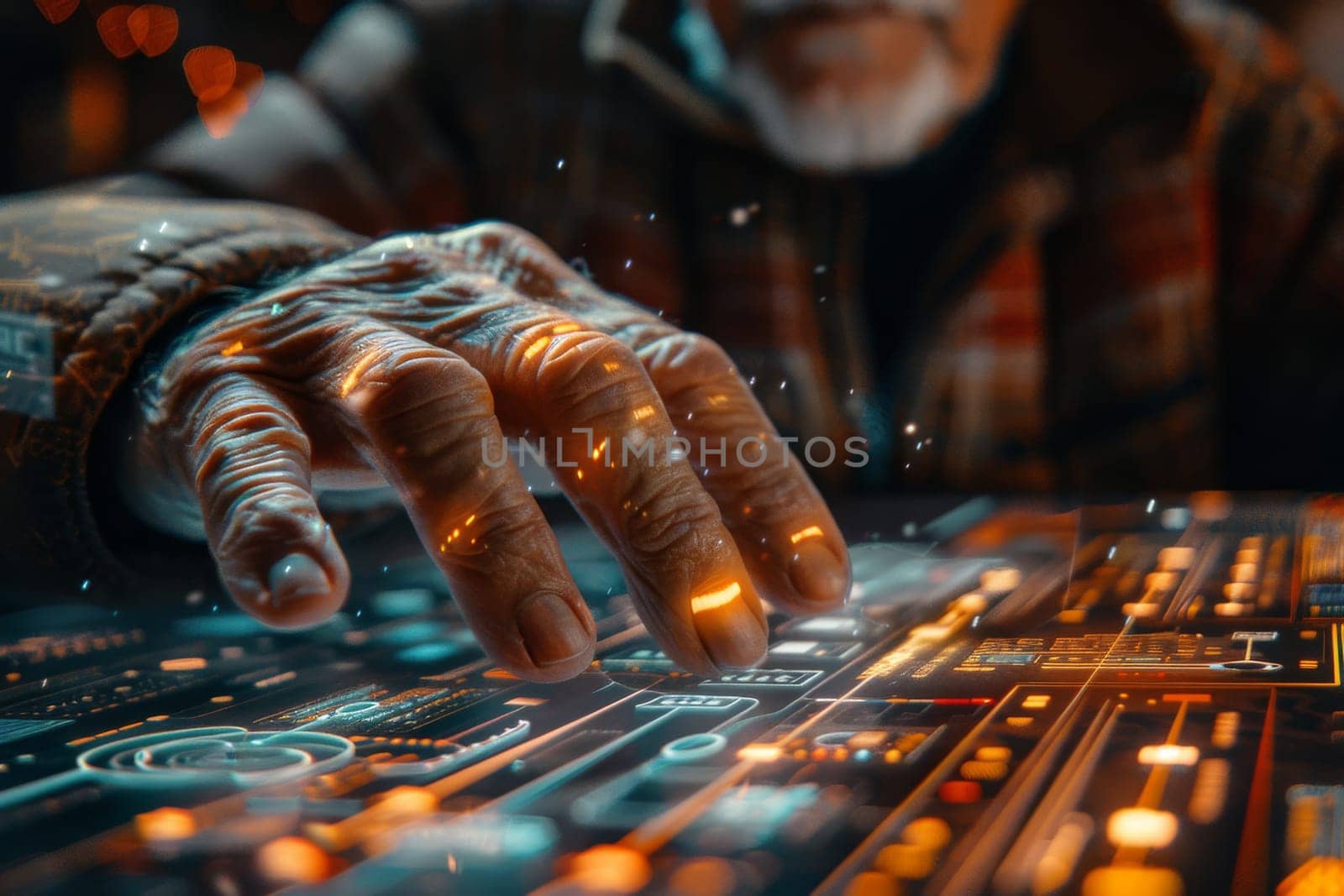 An older man is using a tablet with a finger, and the image has a futuristic by itchaznong