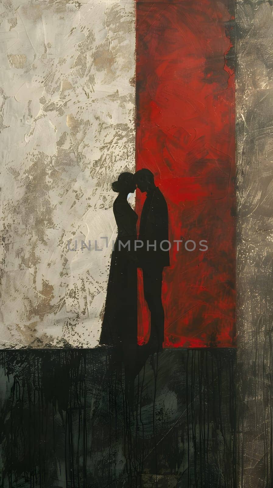 A couple kissing in front of a red brick wall painting. The vibrant magenta tint contrasts with the wood door and surrounding tree, creating a romantic scene in visual arts