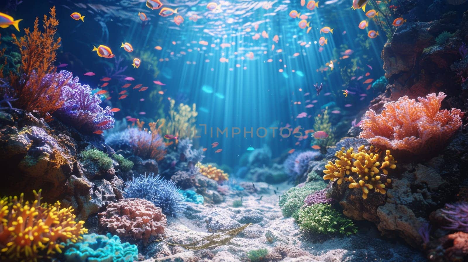 A colorful coral reef with a variety of fish swimming around. Scene is peaceful and serene, as the vibrant colors of the coral and fish create a sense of calmness and tranquility