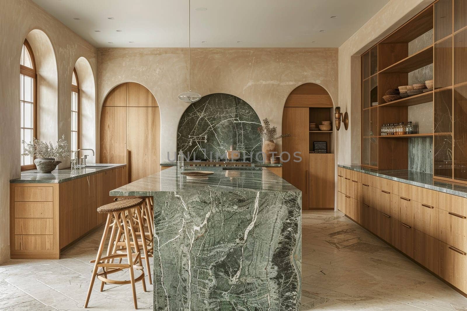 A kitchen with a marble countertop and wooden cabinets. The kitchen has a modern and elegant feel to it