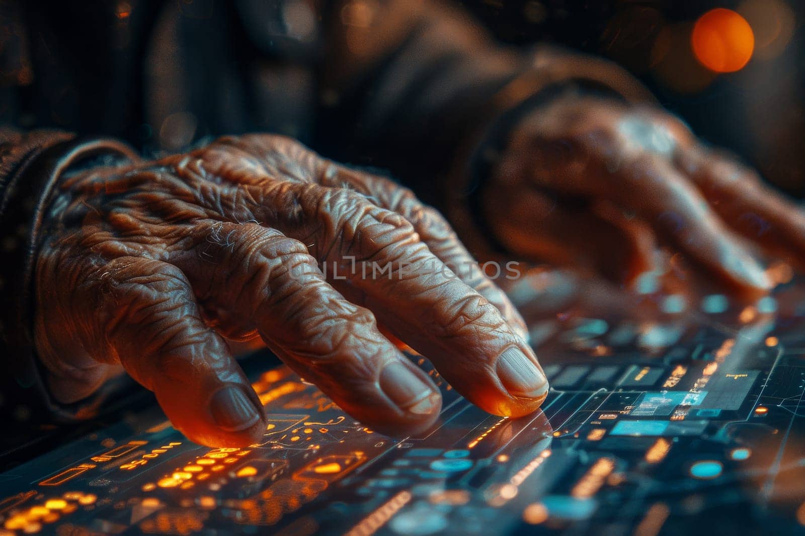 An older man is using a tablet with a finger, and the image has a futuristic by itchaznong