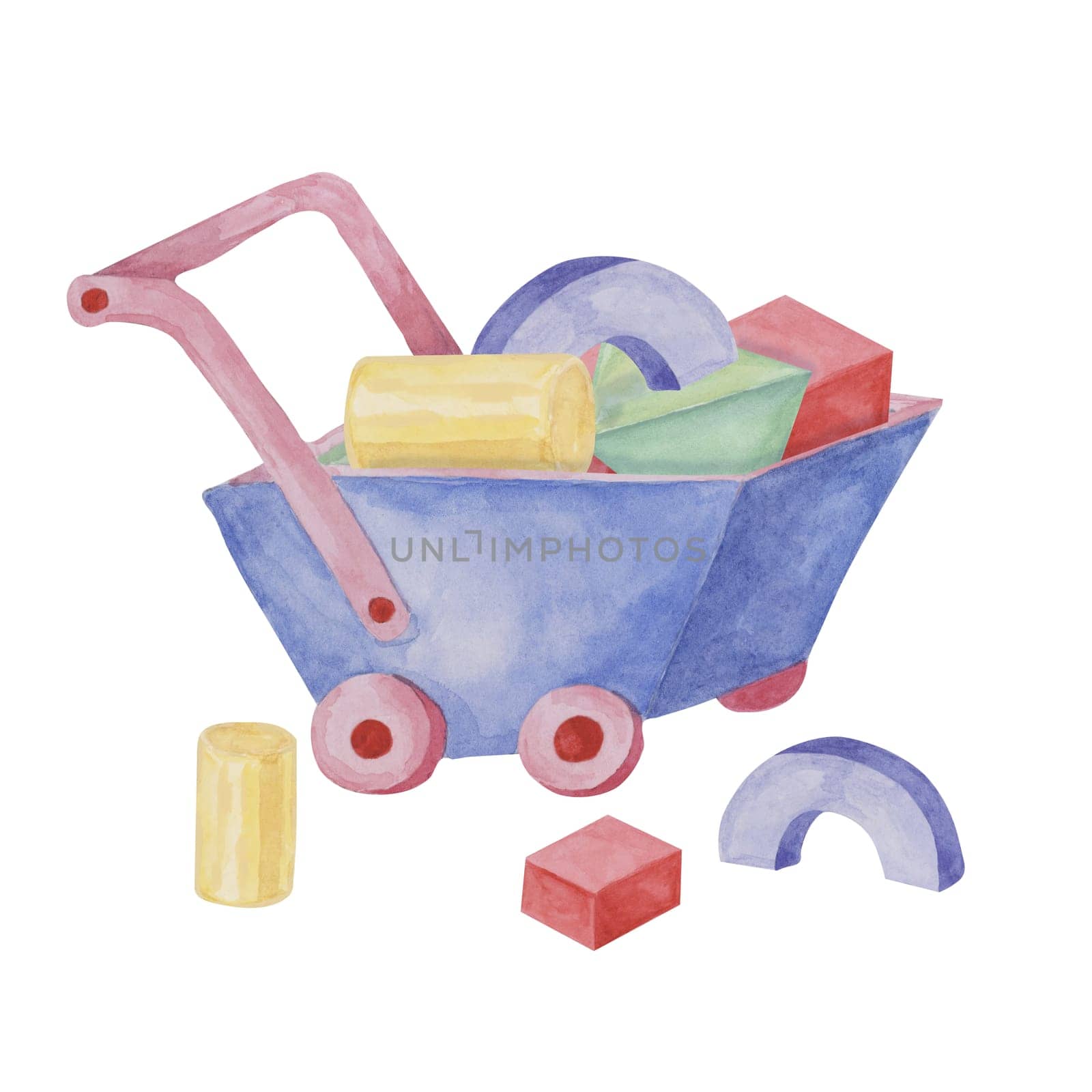 Toy wheelbarrow with multicolored building blocks. Retro play objects in wooden cart, construction playthings clipart. Kids watercolor illustration for postcard, invitation, baby shower, nursery