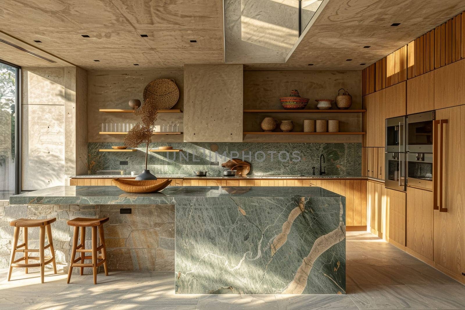 A kitchen with a marble countertop and wooden cabinets. The countertop is surrounded by two stools and a bowl with a plant on it. The kitchen has a modern and minimalist design