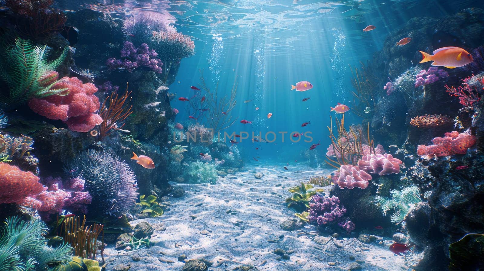 A colorful underwater scene with a path of coral and fish swimming by. Scene is peaceful and serene, as the vibrant colors of the coral and fish create a sense of calmness and tranquility