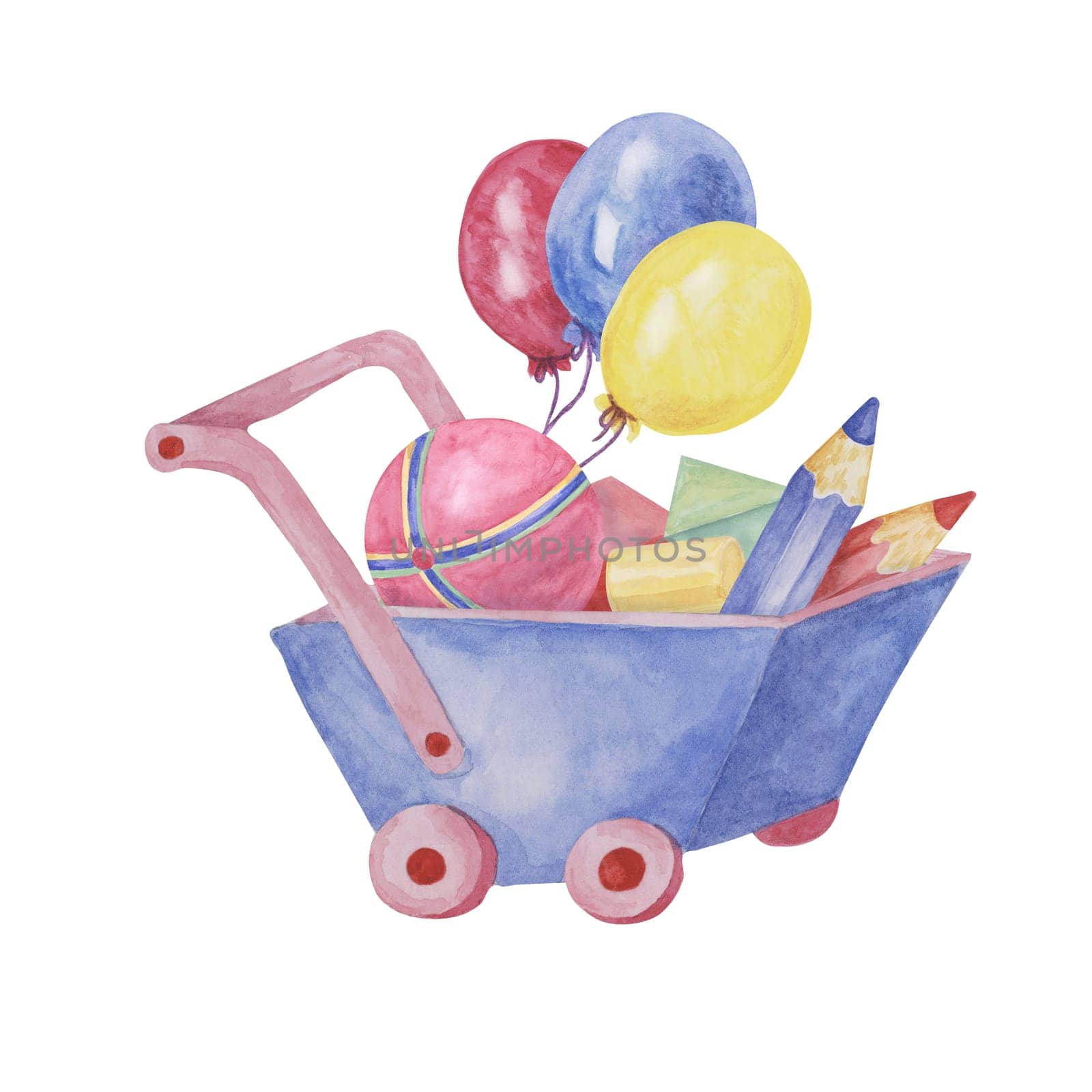 Toy wheelbarrow, crayons, beach ball and balloons. Retro play objects in wooden cart watercolor illustration for kids party, sticker, invitation by Fofito