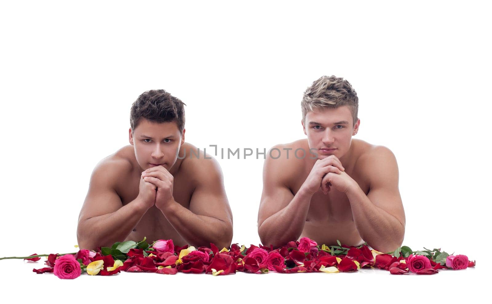 Image of two handsome men posing naked with rose petals