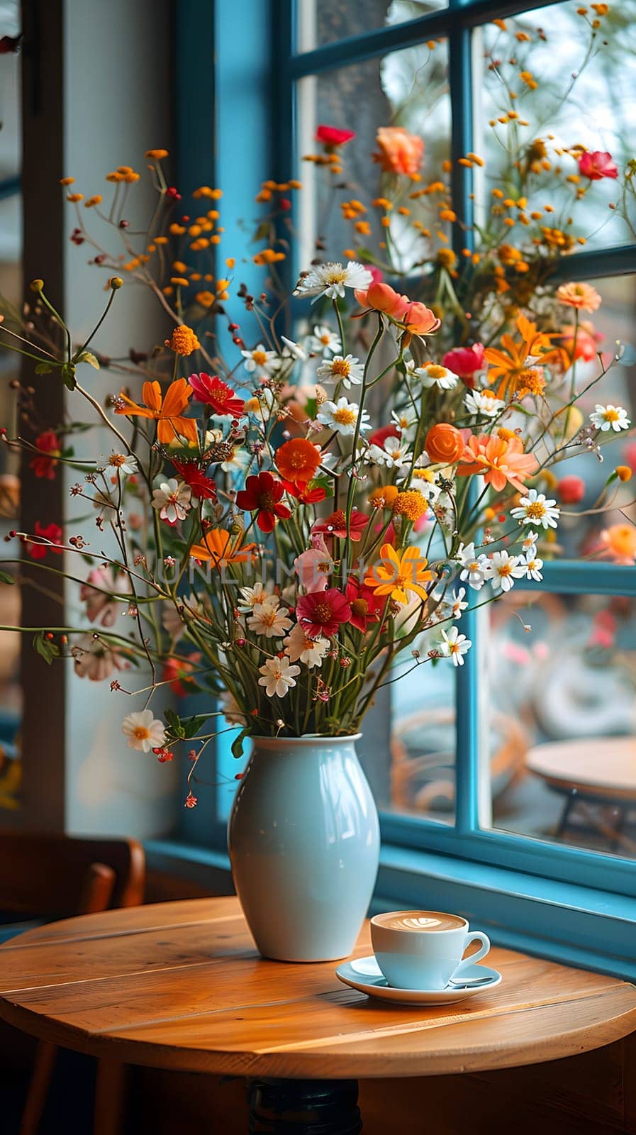 A beautiful blue vase filled with orange flowers sits on a wooden table next to a cup of coffee, adding a fresh touch to the room