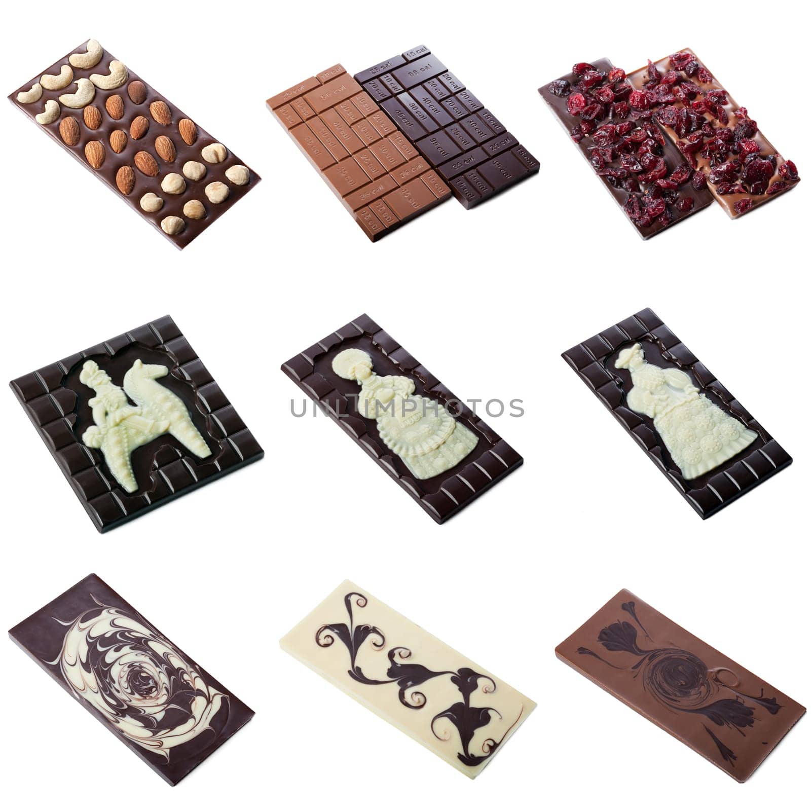 Collection of milk chocolate bar with pattern, isolated on white
