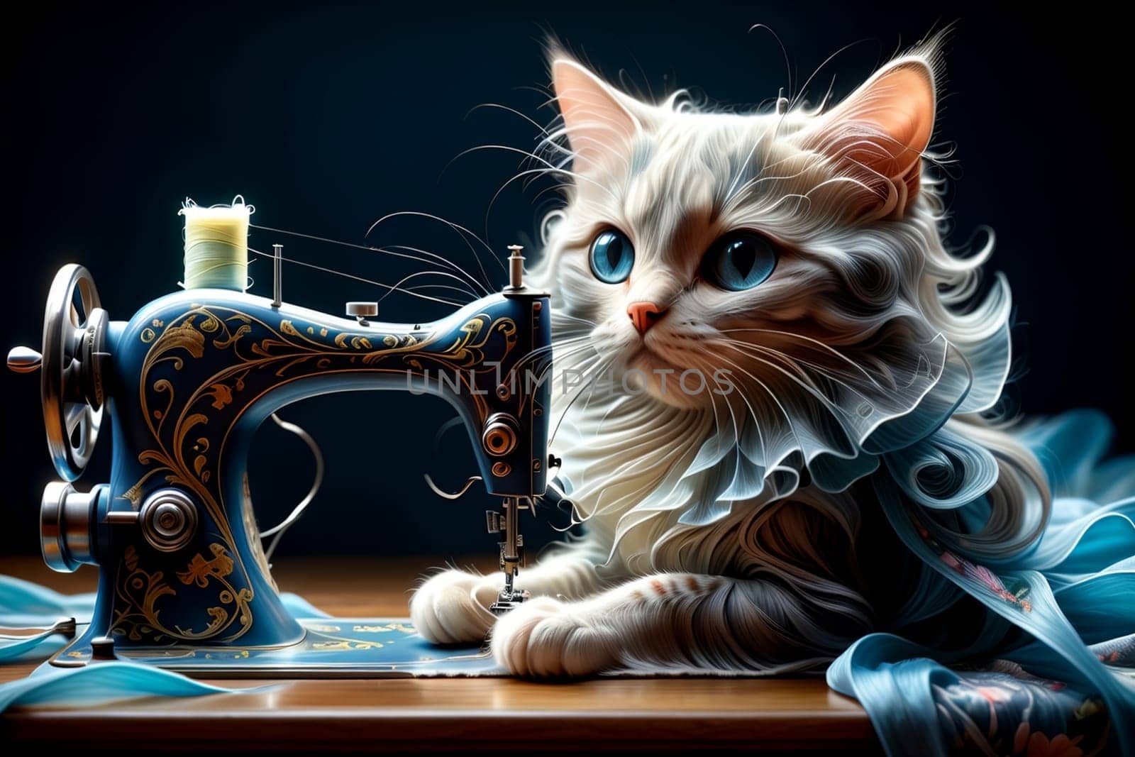 cat sews on a sewing machine by Rawlik