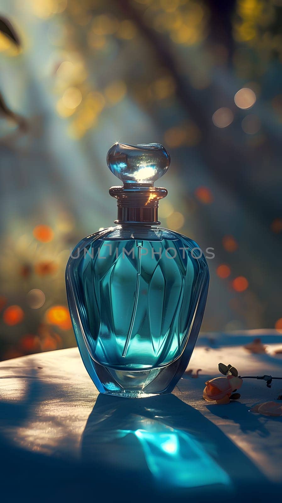A glass bottle of blue perfume is elegantly displayed on a table, showcasing its enticing fragrance in a stylish manner