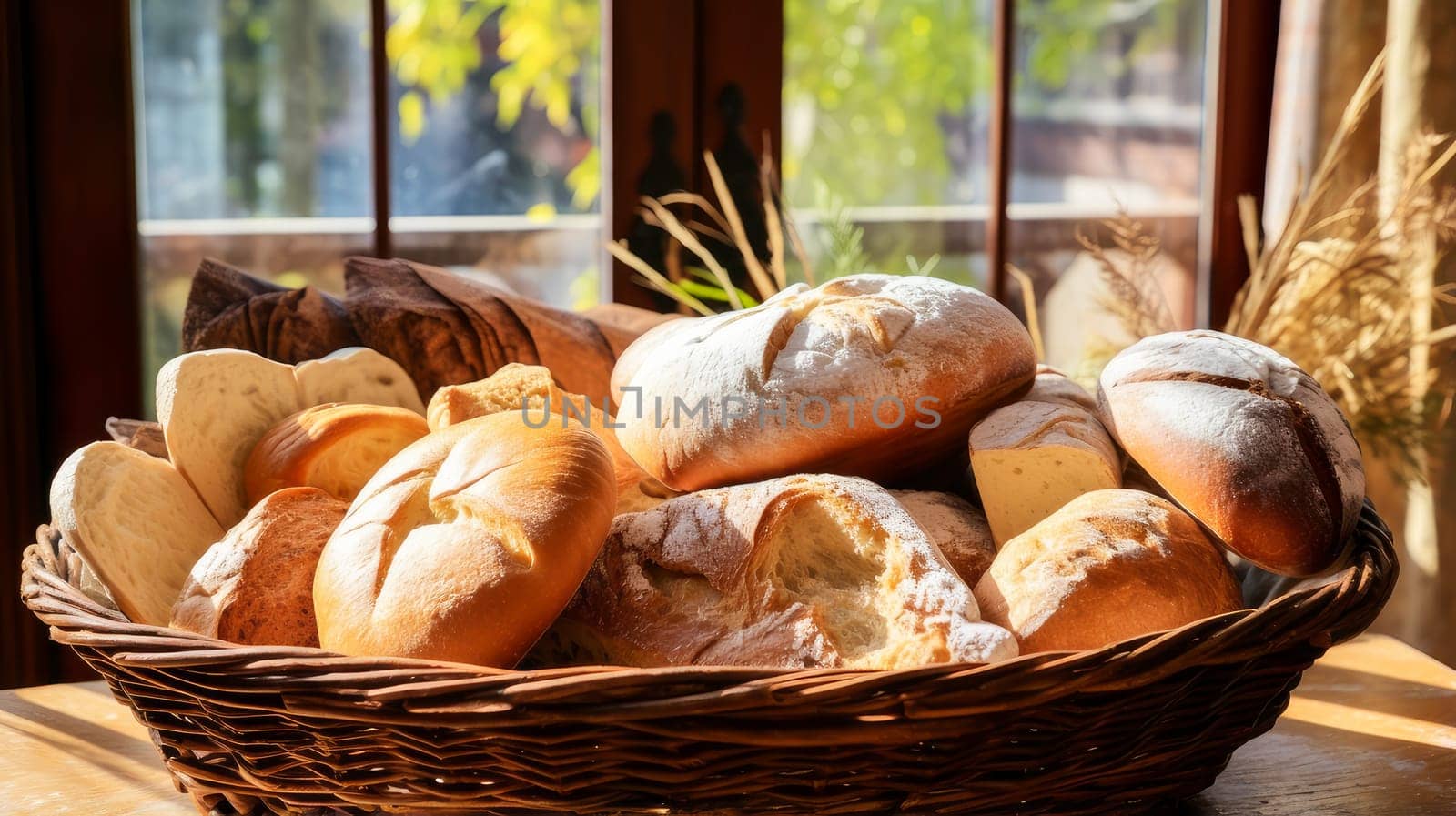 A basket of fresh bread is on the table, on a wooden surface near the window. Fresh classic pastries. by Alla_Yurtayeva
