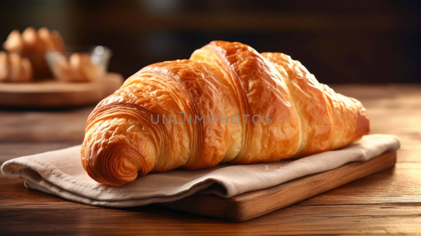 Breakfast fresh golden French croissant on the table, on a wooden surface near the window. Fresh classic pastries. Delicious food concept, private bakery, small business, self-employed, small business in the city, cozy place for communication