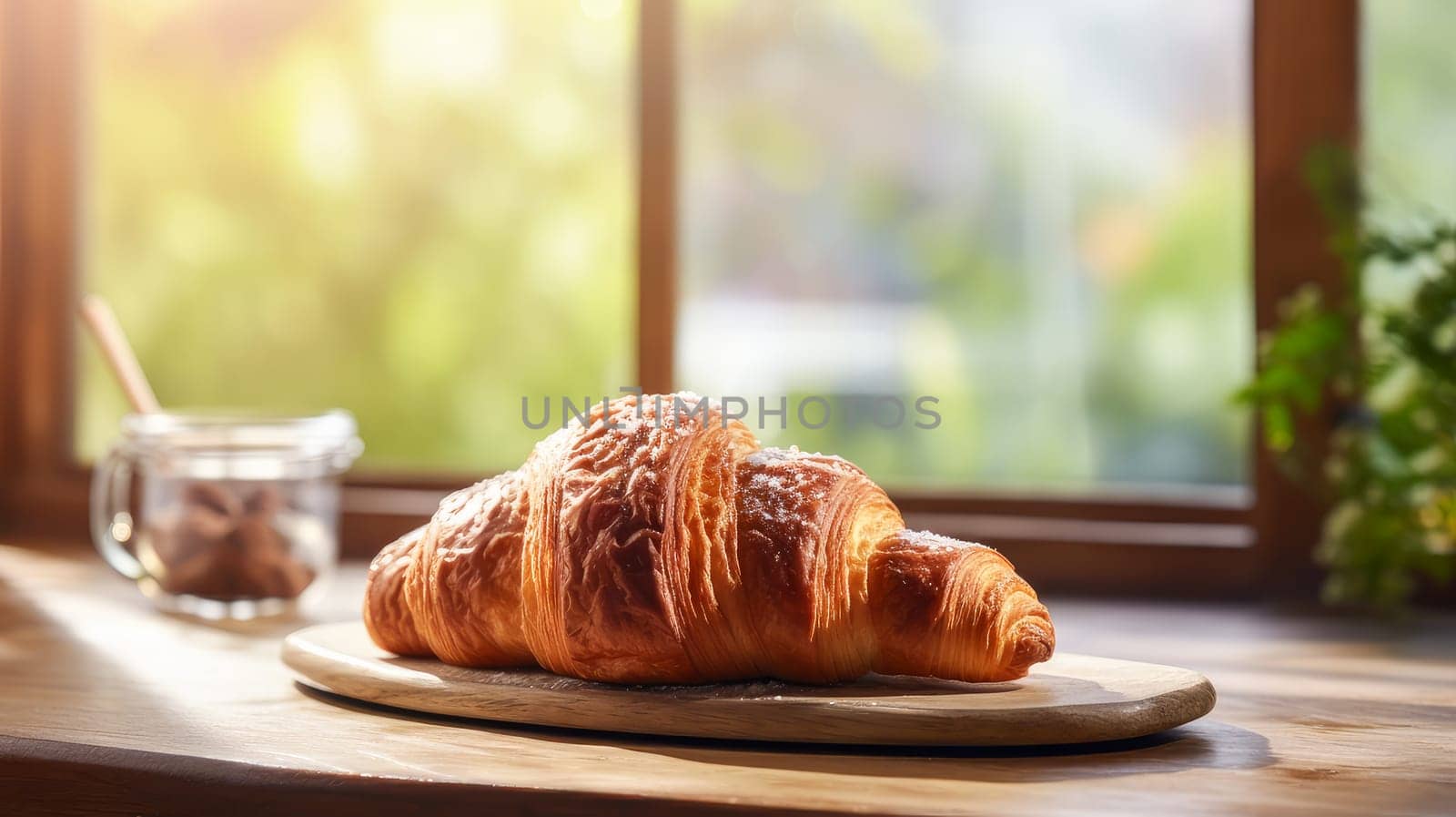 Breakfast fresh golden French croissant on the table, on a wooden surface near the window. Fresh classic pastries. Delicious food concept, private bakery, small business, self-employed, small business in the city, cozy place for communication