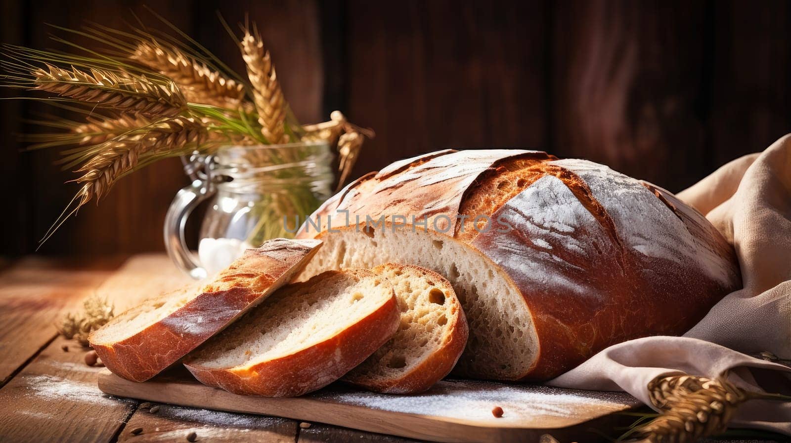 Fresh fragrant, hot bread on the table with herbs, on a wooden table, all inclusive, shop. Fresh classic pastries. by Alla_Yurtayeva