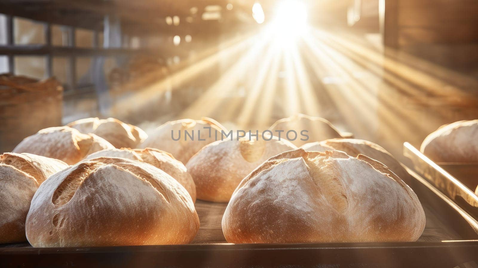 Fresh, fragrant, hot bread is baked in factories in bakeries for the production of French baguette, all inclusive, store. Fresh classic pastries. by Alla_Yurtayeva