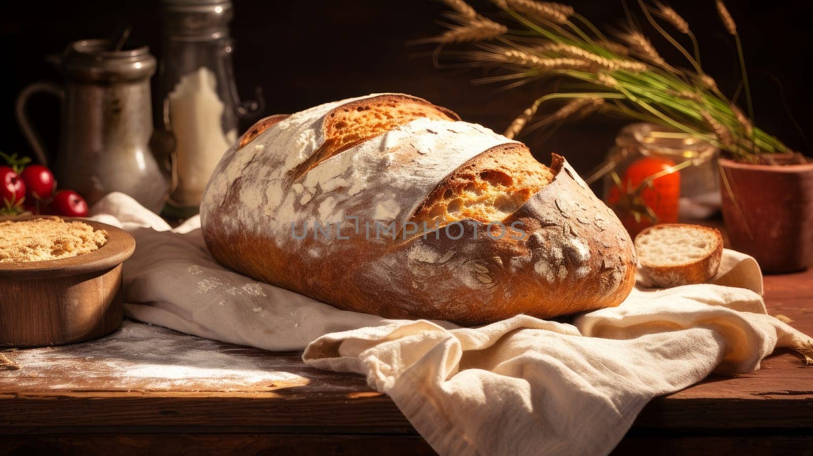 Fresh fragrant, hot bread on the table with herbs, on a wooden table, all inclusive, shop. Fresh classic pastries. Delicious food concept, private bakery, small business, self-employed, small business in the city, cozy place for communication