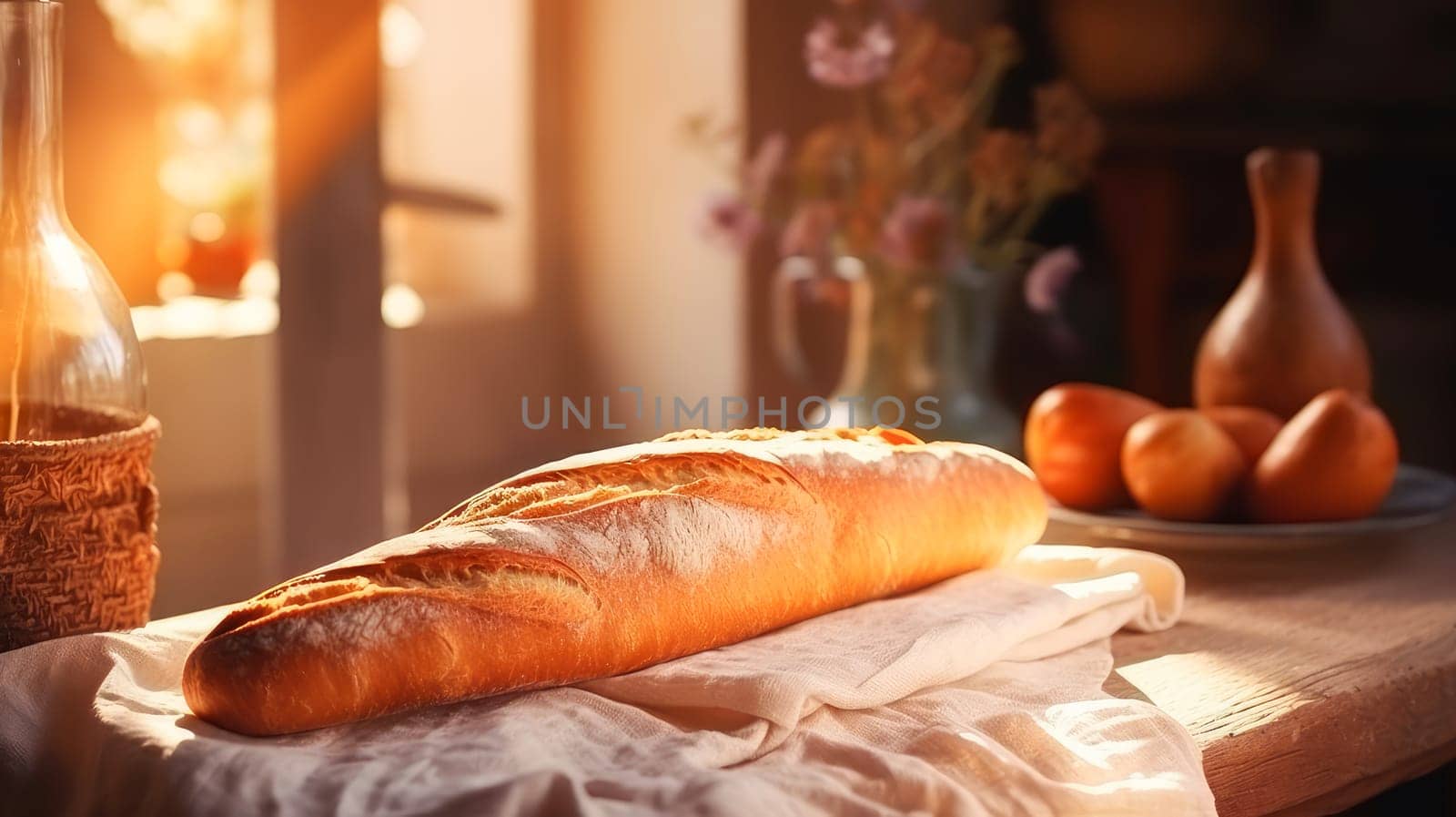 Fresh fragrant, still life with French baguettes from fresh bread poolish on a wooden cutting board and wheat.n. Fresh classic pastries. Delicious food private bakery, small business, self-employed, small business city, cozy place for communication