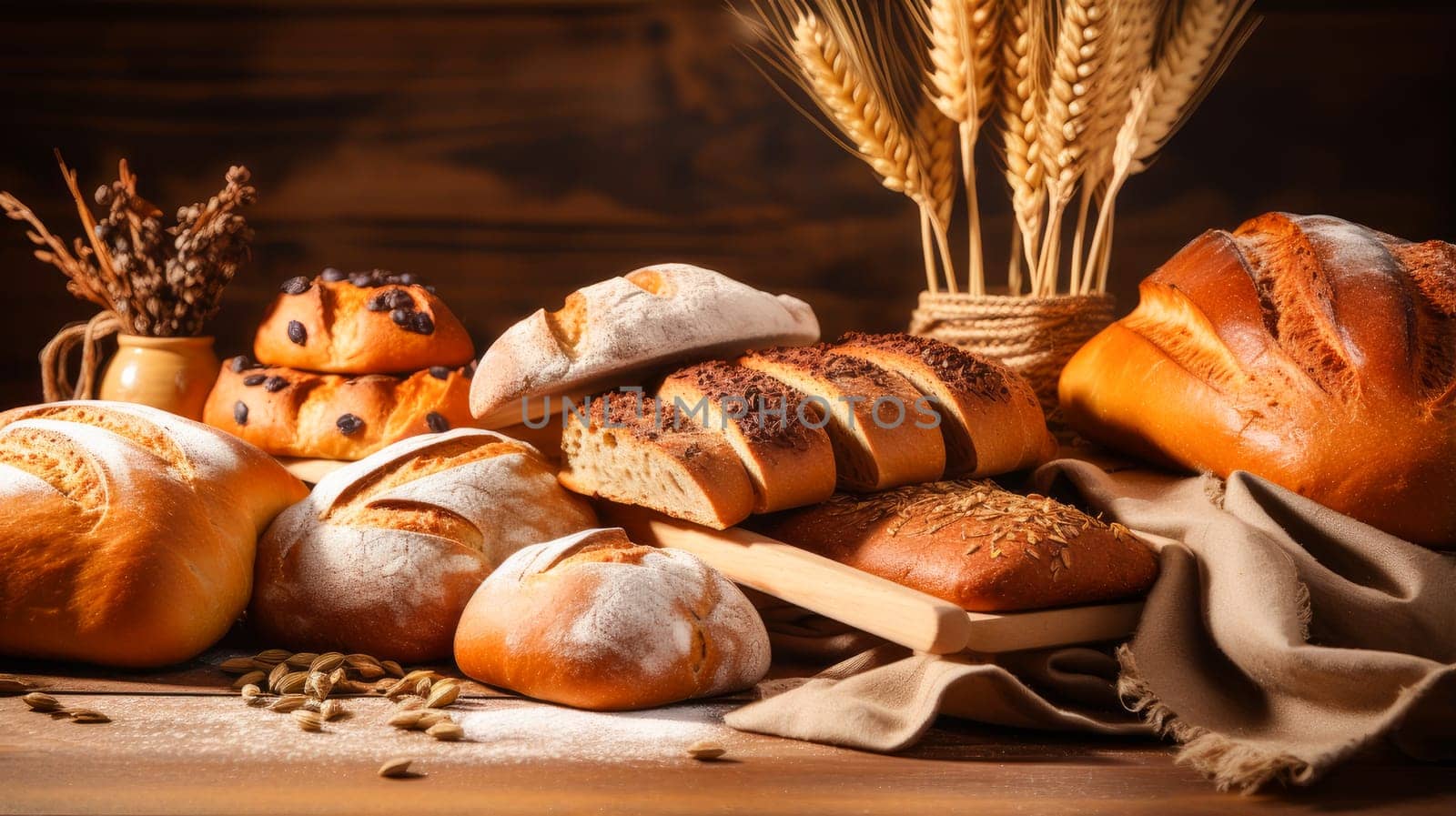 Fresh fragrant, hot bread on the table with herbs, on a wooden table, all inclusive, shop. Fresh classic pastries. Delicious food concept, private bakery, small business, self-employed, small business in the city, cozy place for communication