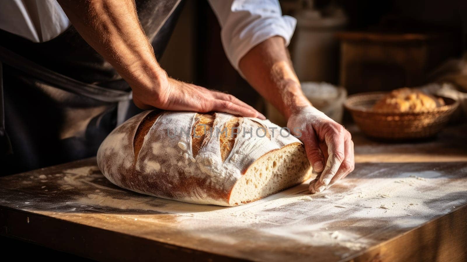Baker's hands make Fresh aromatic bread with flour and dough on a wooden cutting board and wheat. Fresh classic pastries. Delicious food concept, private bakery, small business, self-employed, small business in the city, cozy place for communication
