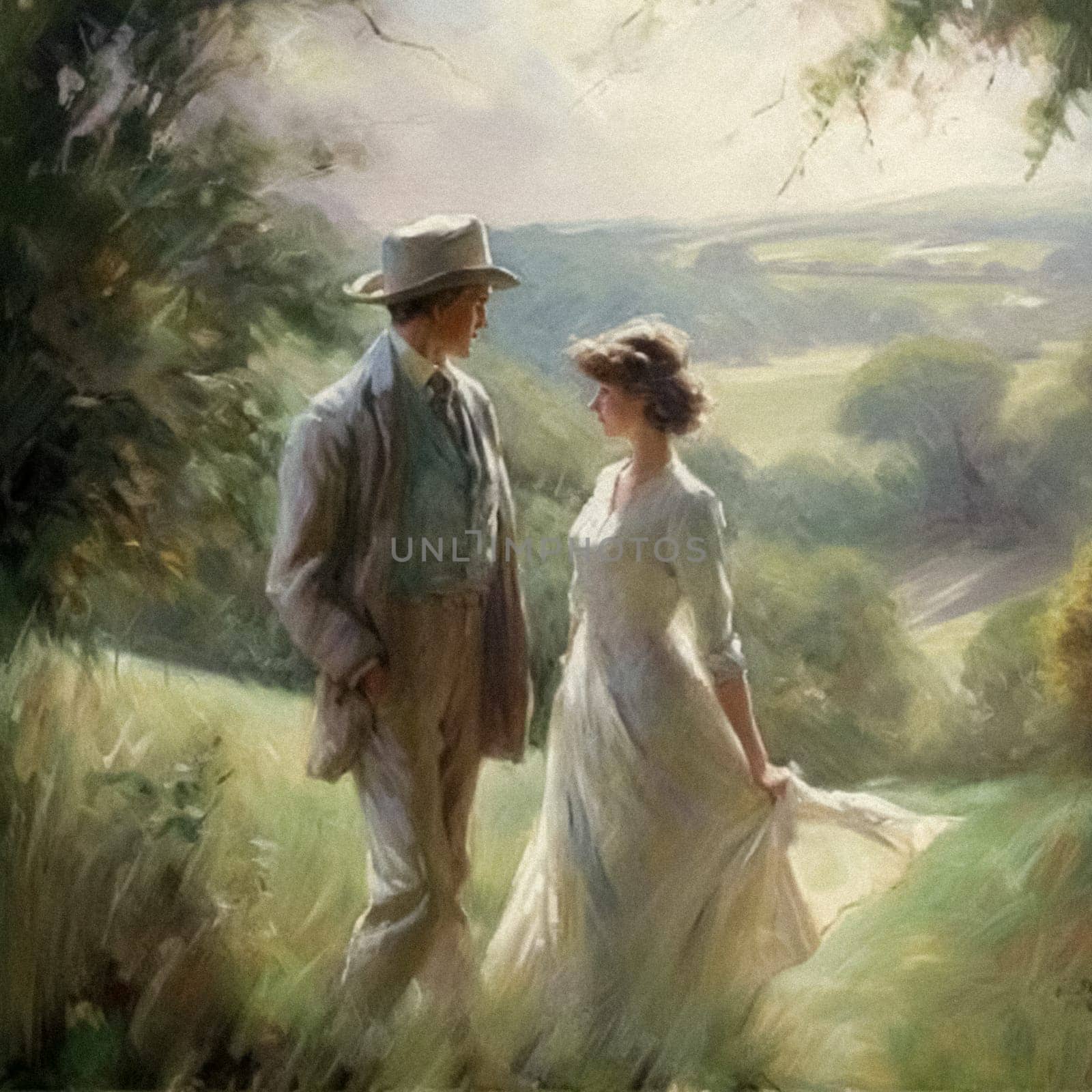 Oil style fine art painting of romantic vintage couple in the English countryside, country nature in soft pastel colours, evoking a sense of love and natural beauty, printable art by Anneleven