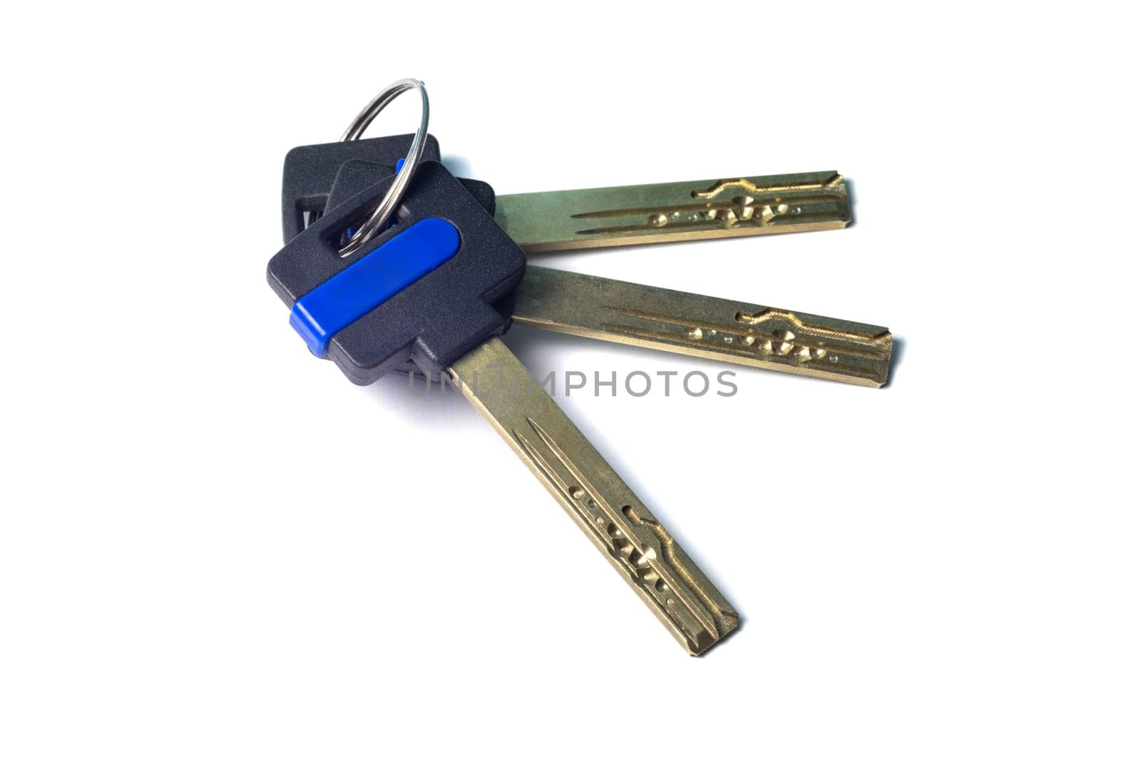 Bunch of modern door keys isolated on a white background. Keys with black plastic head and space for logo or name, close-up view
