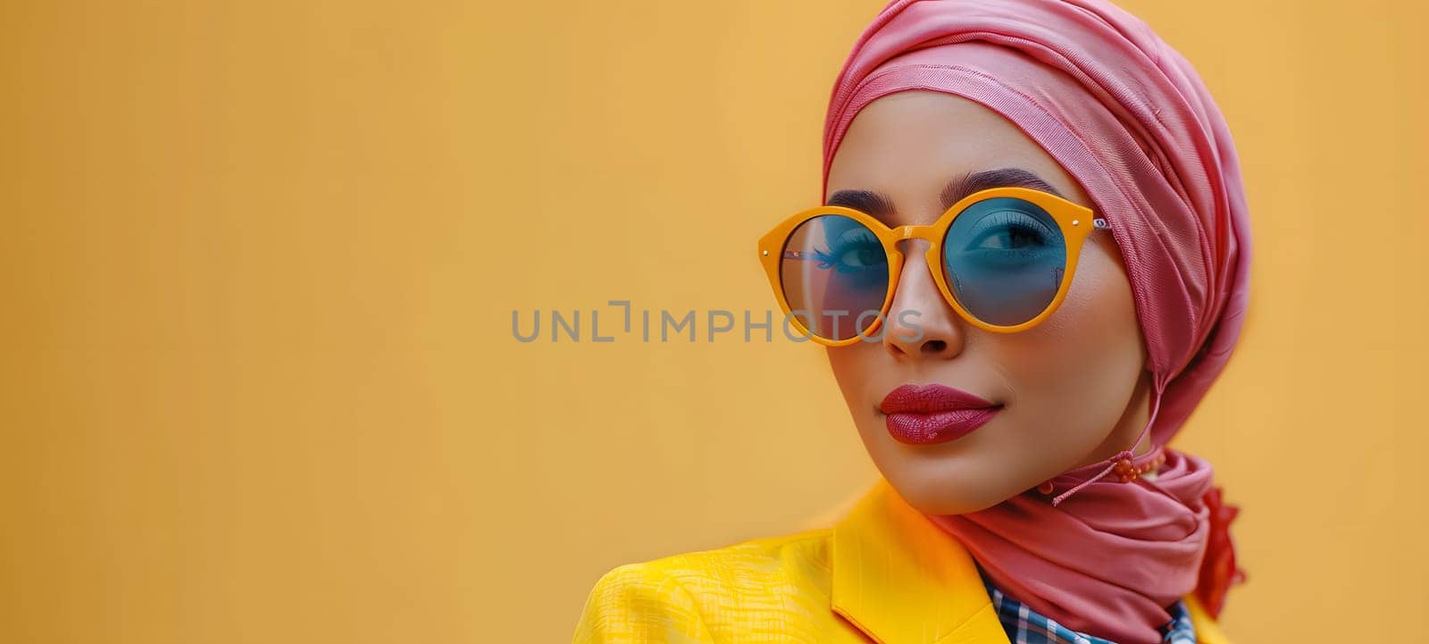 A woman in a hijab and sunglasses is standing in front of a yellow wall, showcasing her trendy eyewear while adding a stylish touch to her outfit