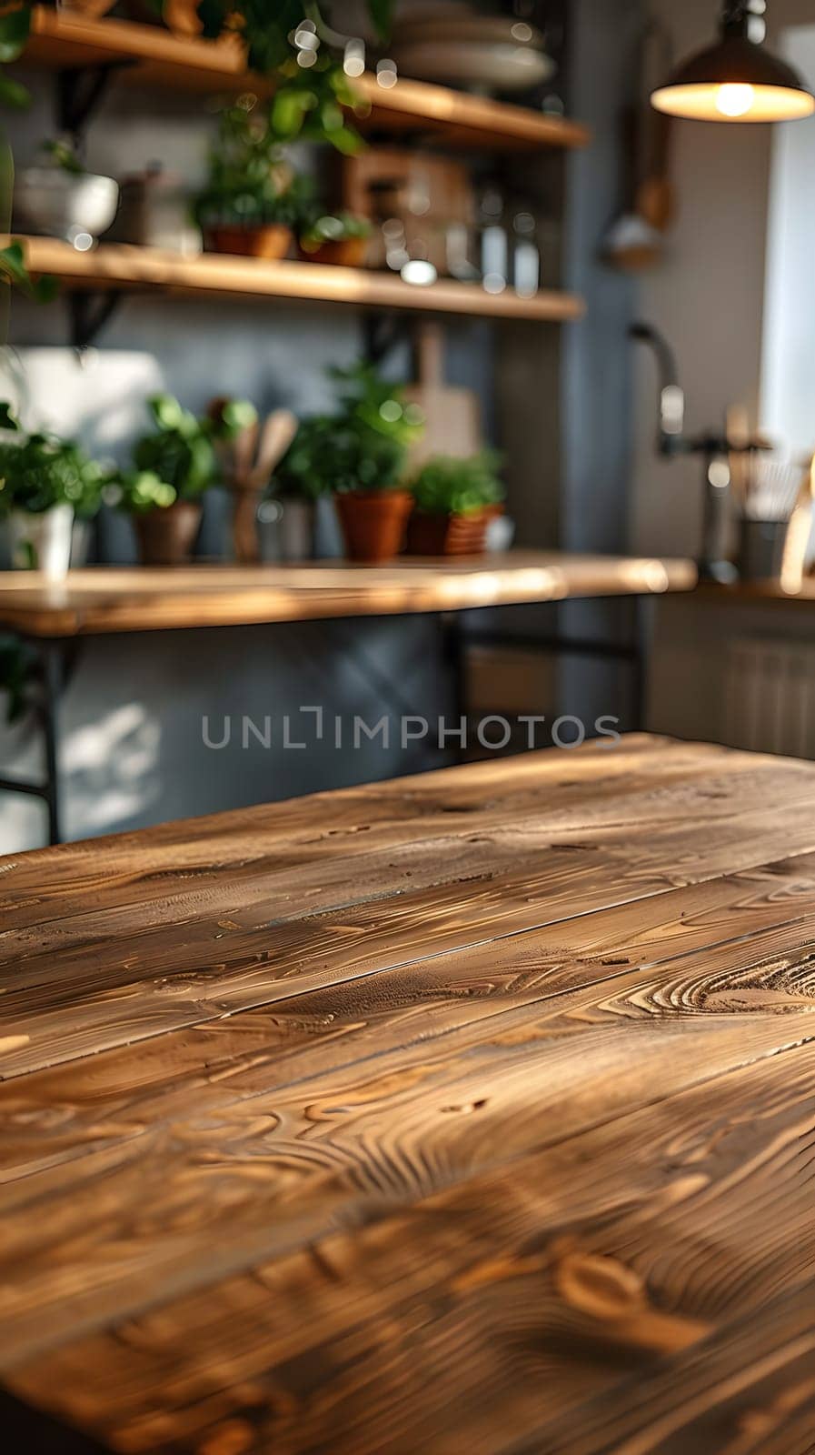 A wooden table with potted plants on shelves in a kitchen by Nadtochiy