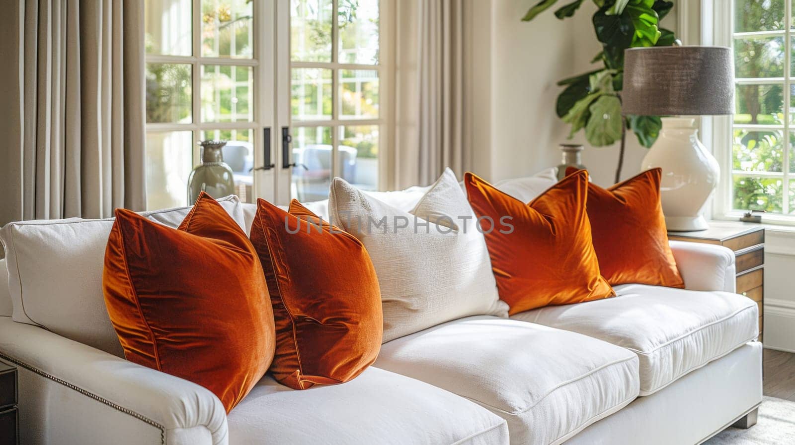 Sofa with terracotta and beige pillows close-up in the living room.