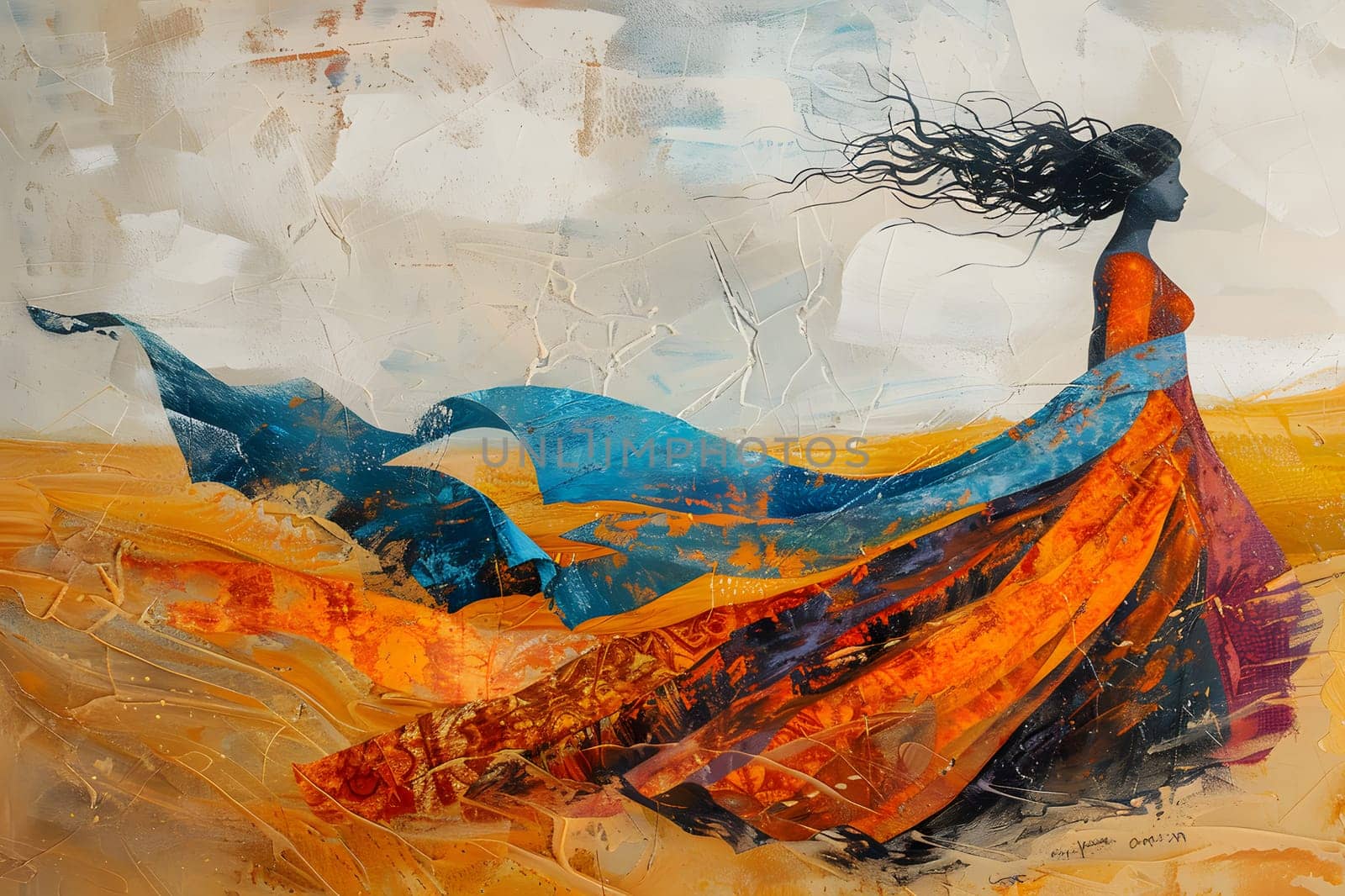 A colorful painting of a woman in a vibrant orange and blue dress, beautifully captured on canvas with watercolor paint