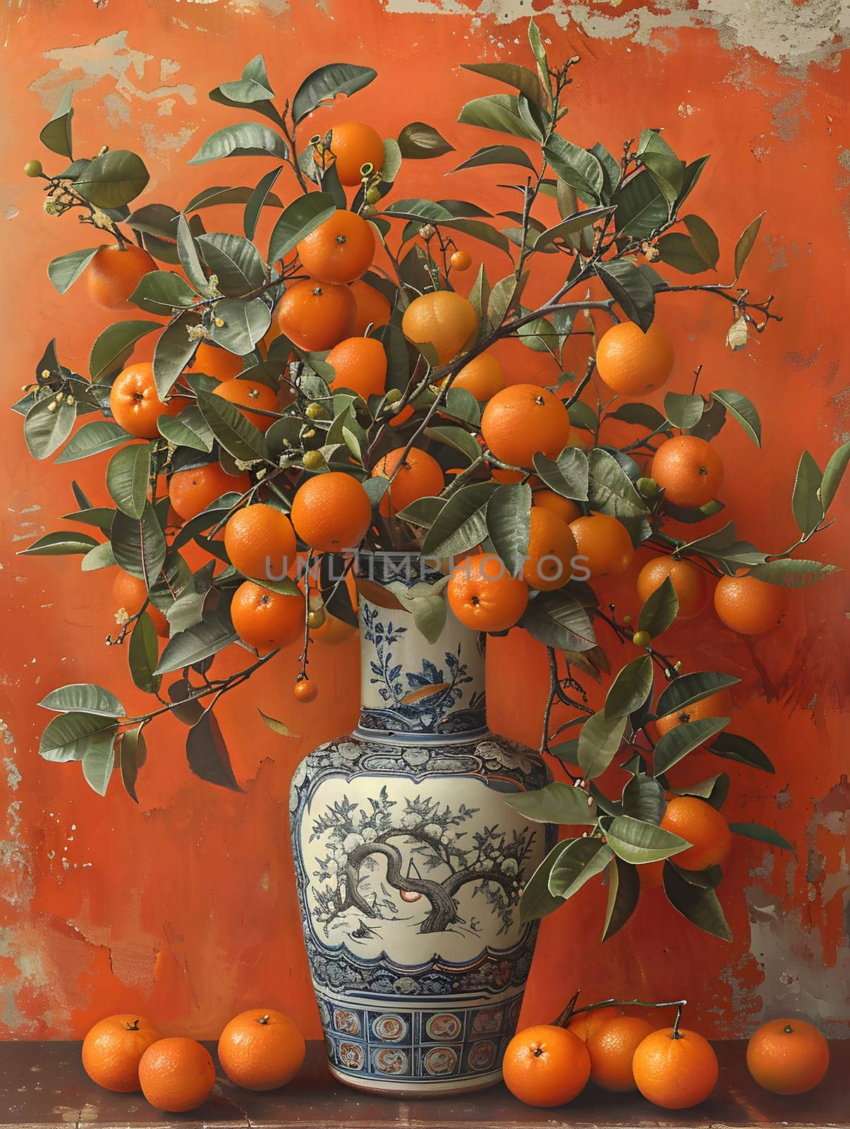 A citrusthemed display featuring a blue and white vase filled with various oranges including Rangpur, Clementine, Tangerine, and Bitter orange, placed in front of an orange wall