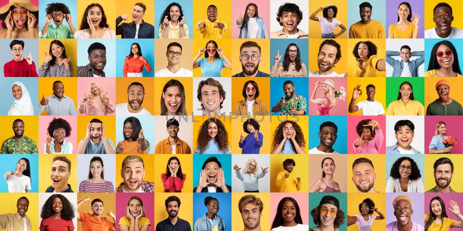 A vibrant and cheerful display of portraits, featuring people of various ethnic backgrounds smiling against colorful backdrops