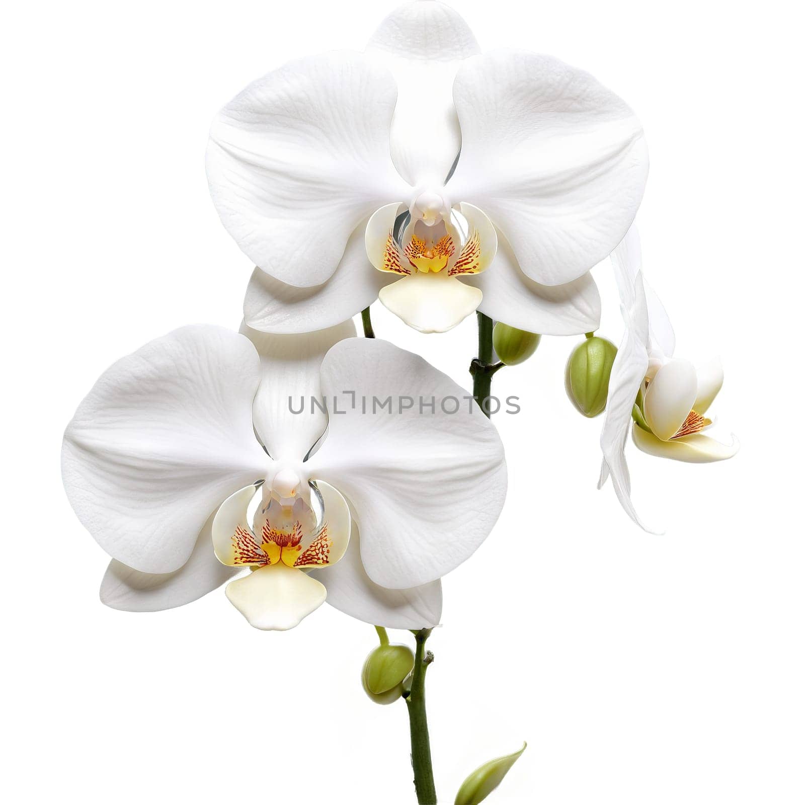 White orchid delicate petals with ruffled edges central lip with intricate patterns Phalaenopsis amabilis by Matiunina