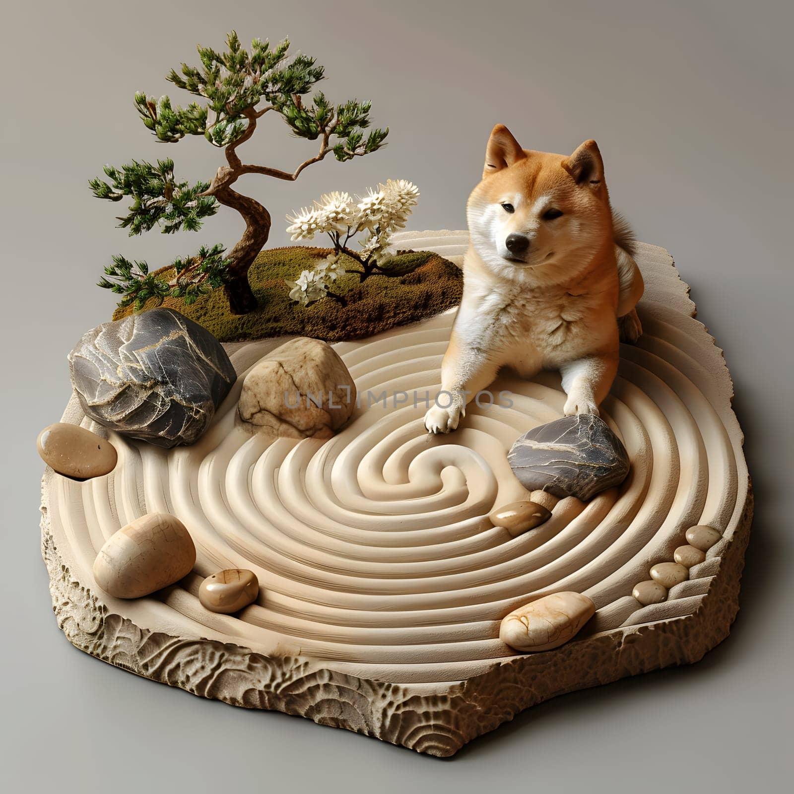 A porcelain statue of a dog sitting on a swirl of rocks, representing the bond between a carnivore and nature. A whimsical addition to any tableware collection