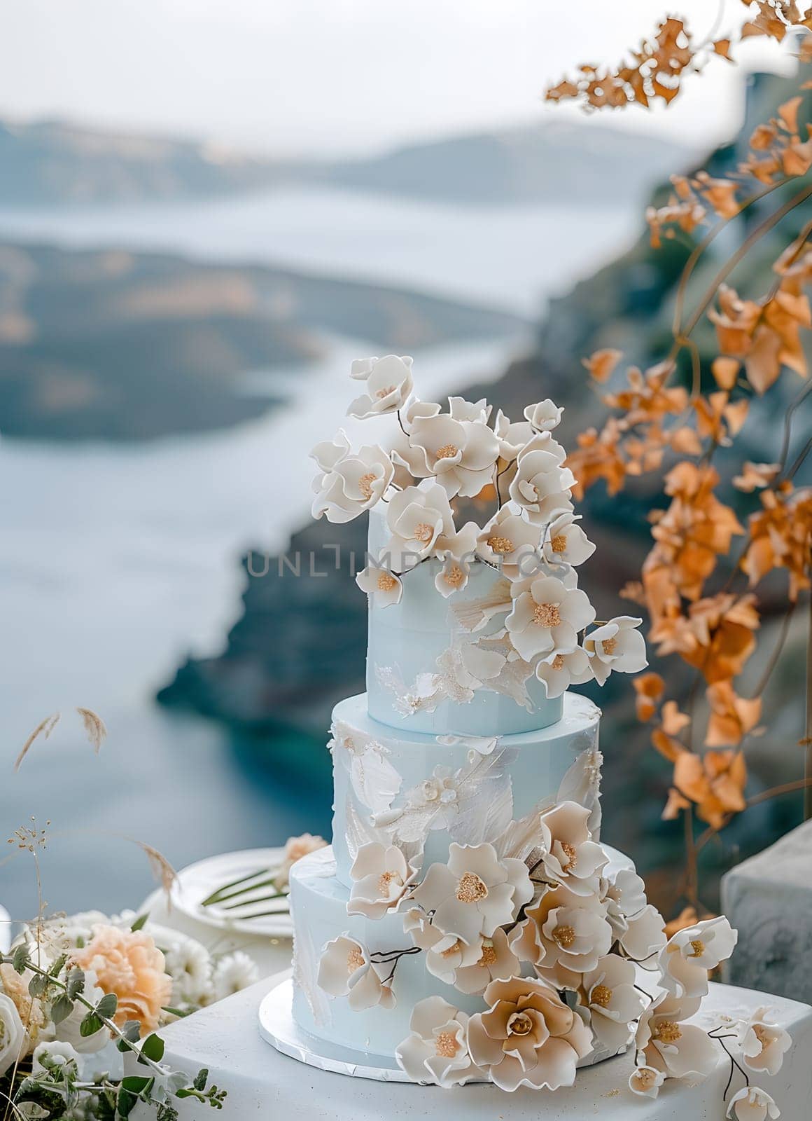 A wedding cake adorned with flowers sits on a table overlooking the ocean, creating a beautiful backdrop for the ceremony. The petals and plants complement the stunning view of the water and sky