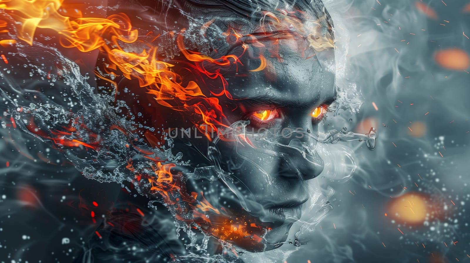 Double exposure portrait profile of water fire man with water, nature, element concept
