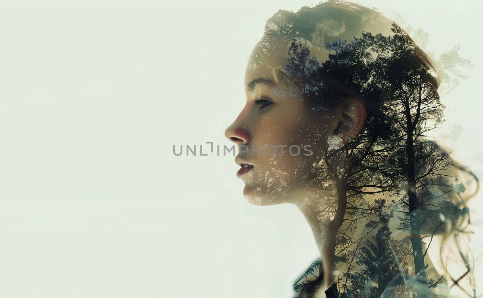 Double exposure portrait profile of calm thoughtful woman with green leaves, trees, nature concept