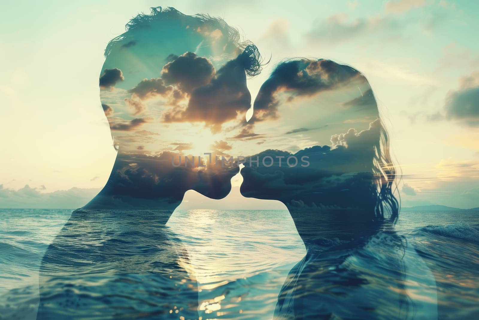 Double exposure portrait profile of kissing couple, woman and man together on sea background, relationship concept.