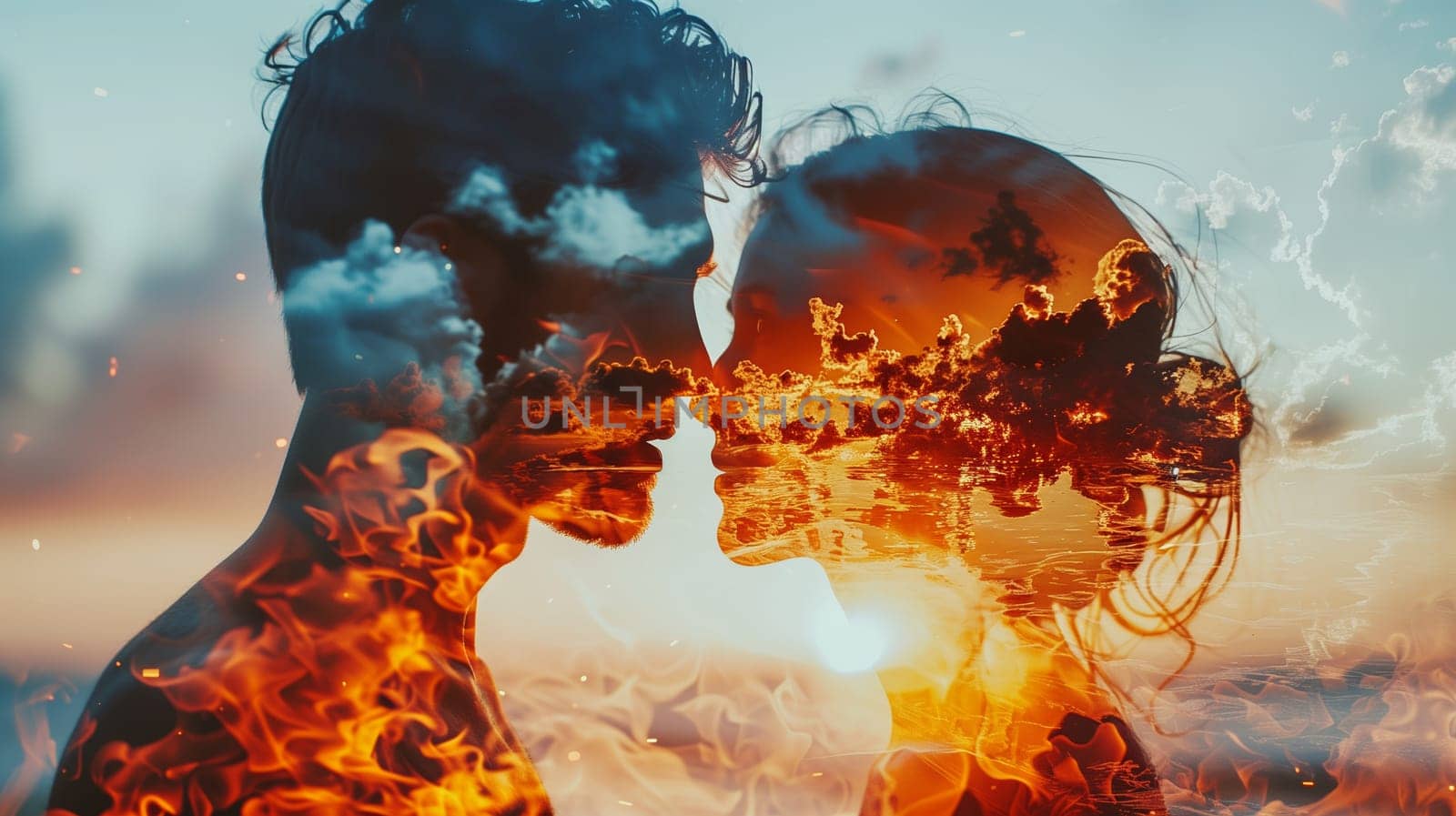 Double exposure portrait profile of kissing couple, woman and man with fire and water element, relationship concept