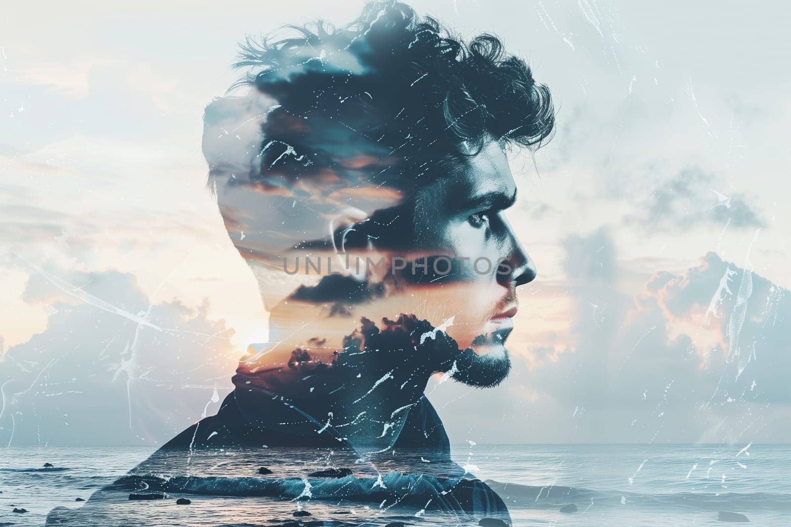 Double exposure portrait profile of calm thoughtful bearded man on sea coast with waves, inspiration, nature concept