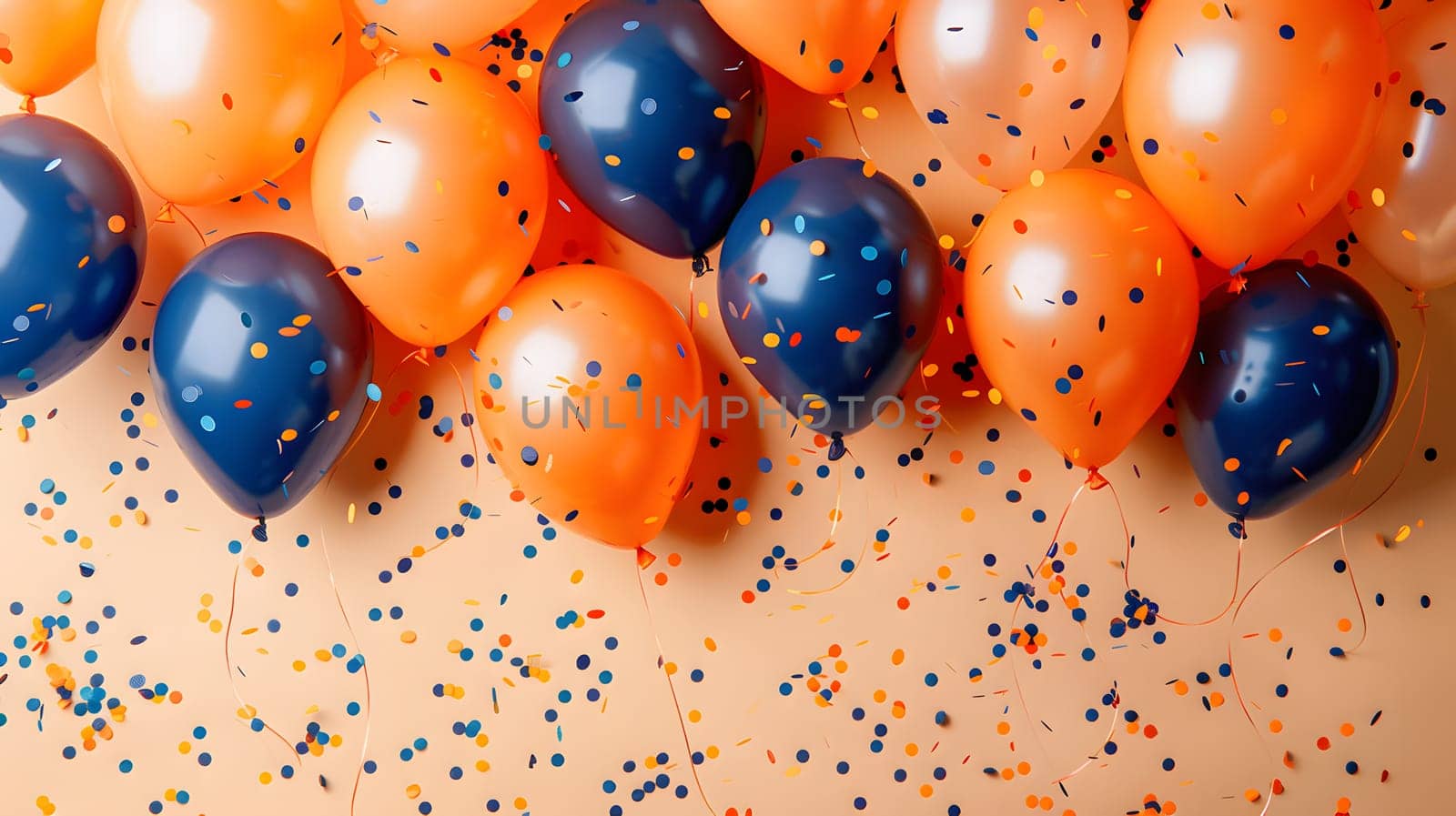 A colorful display of orange and electric blue balloons, along with confetti, arranged on a table. The mix of colors creates a vibrant pattern in a mass production of party decorations