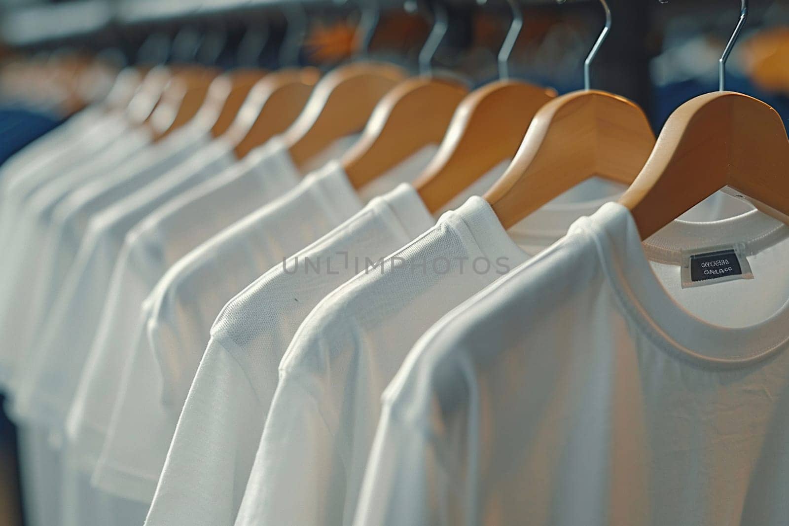 Row of white blank T-shirts hanging on hangers. Blank t-shirts for printing. T-shirt mockups for men and women.