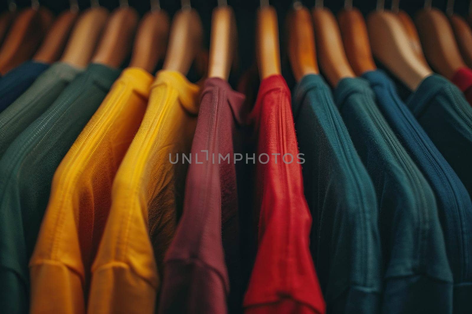 A lot of T-shirts of different colors hang on hangers close-up. Generated by artificial intelligence by Vovmar