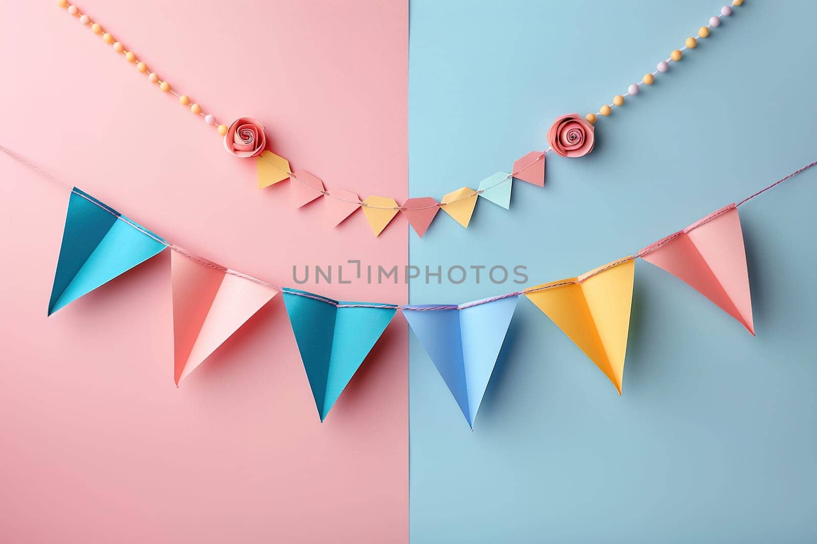 The half pink, half blue wall is decorated with paper hanging garland for the gender party.