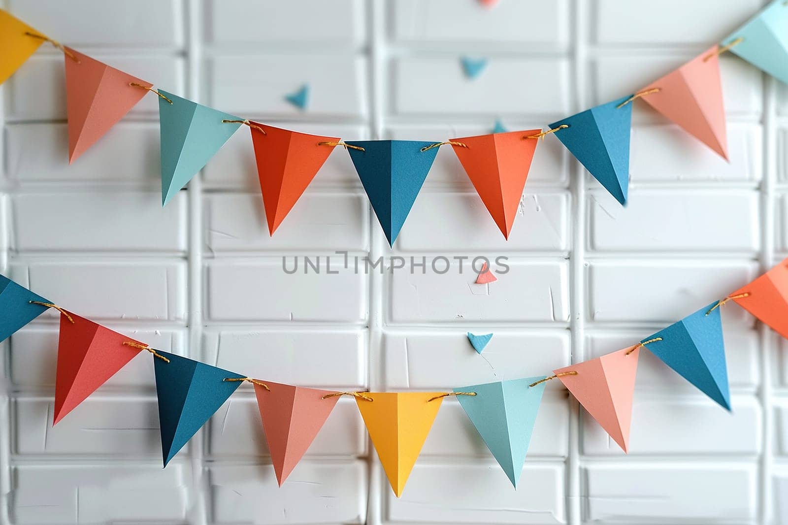 Colorful holiday flags in the form of a garland on the brick wall. The garland hangs in two rows. Congratulatory background with place for text. Holiday concept by Vovmar