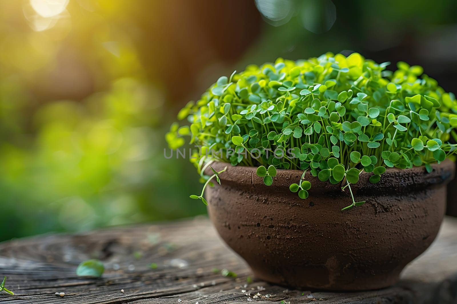 Lush fresh microgreens in a pot outdoors with a blurred natural background.