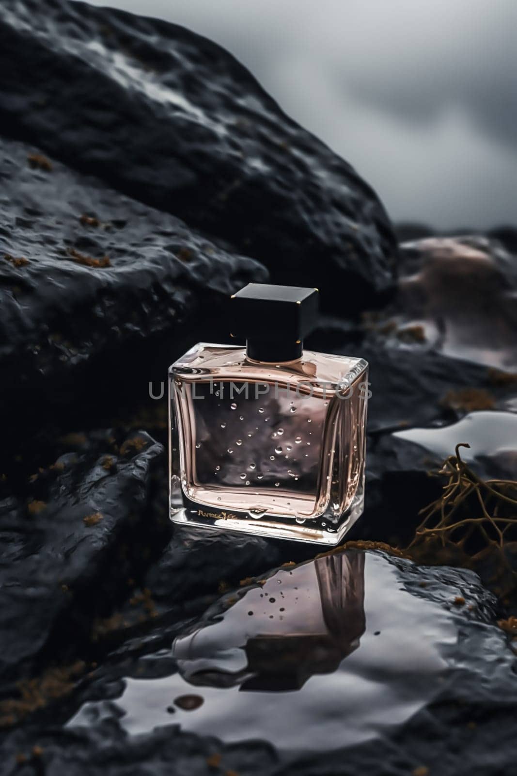 Modern glass men perfume bottle among black rocks in the rain, fragrance and perfumery idea, post-processed, generative ai