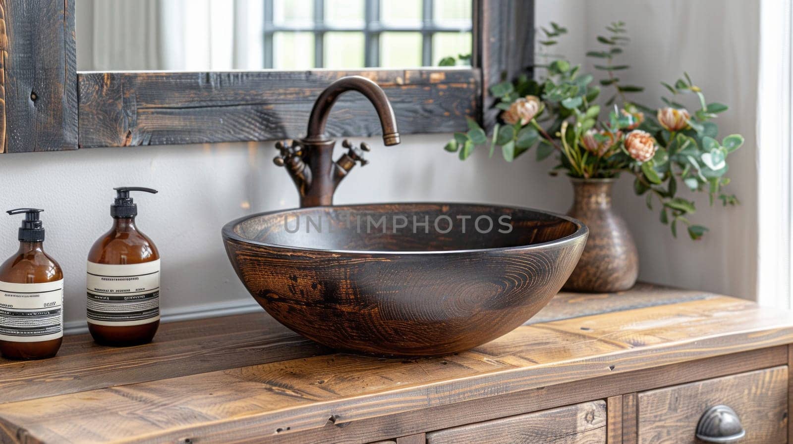 Stylish vessel sink and faucet on wooden countertop. Interior design of modern bathroom by NataliPopova