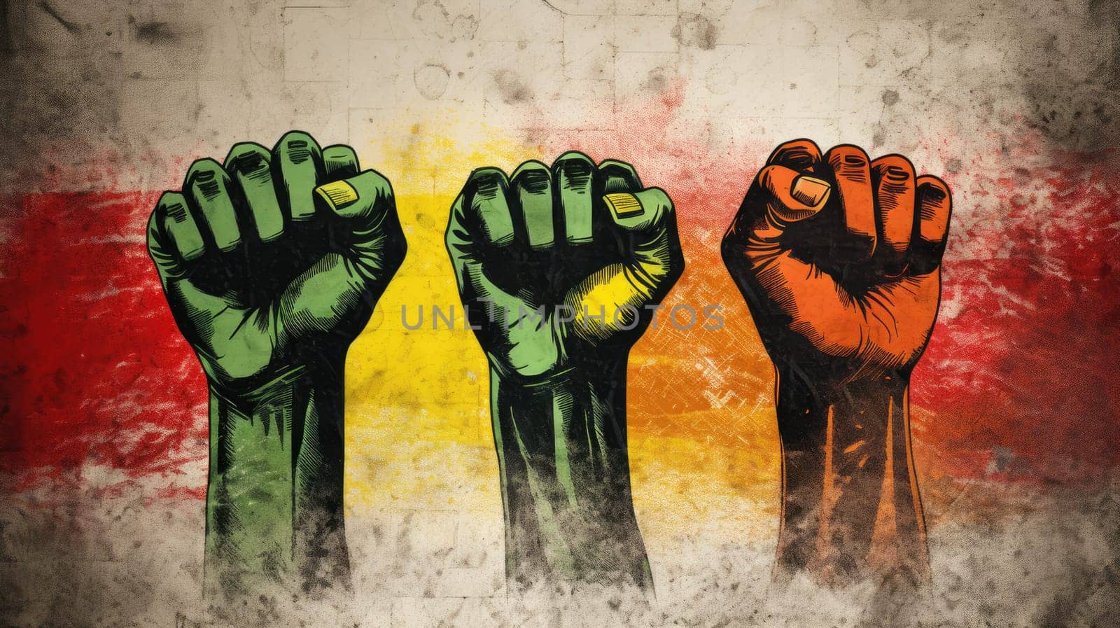Raised fists drawing on stone wall in the colors yellow, green, and red. Juneteenth Freedom and African liberation day. Black life matters. Black history month. by JuliaDorian