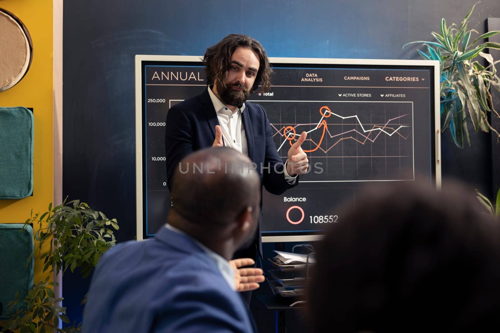 Accounting analysts examine sales trends and market needs to ensure success, looking into infographics in executive conference. Financial department group allocating capital funds.