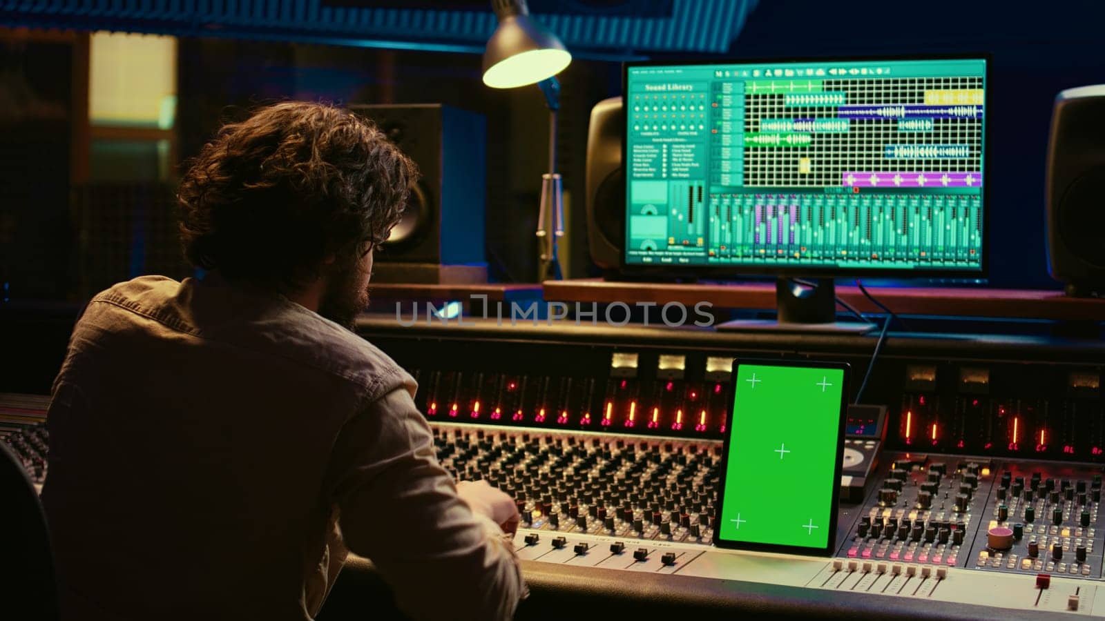 Professional audio expert mixing and mastering tracks in music production studio, pushing buttons and switchers in control room. Sound engineer recording tunes with greenscreen tablet. Camera B.